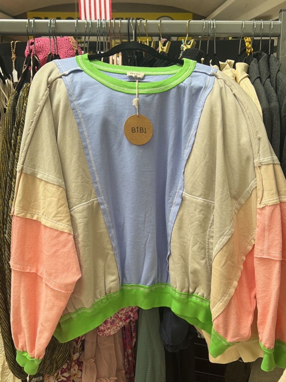 BiBi Pastel Colorblock Cropped Sweatshirt with Lime Trim